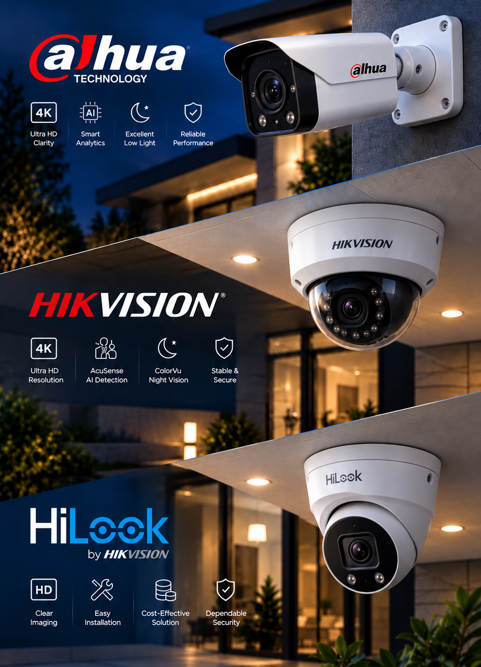 Dahua, Hikvision, and HiLook 4K security cameras professionally installed on Logan home at night