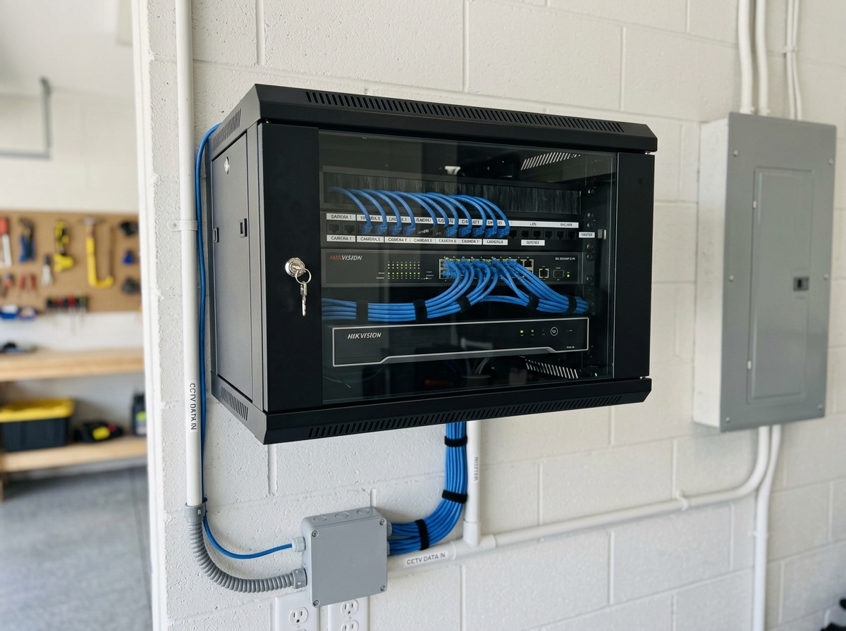 Professional wall-mounted network server rack with tidy blue Cat6 Ethernet cabling and NVR hookup in Logan property